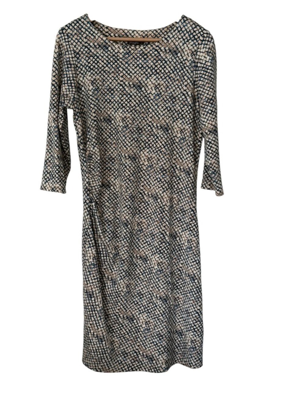 J.McLaughlin Geometric Grid Stretch Knit Catalina Cloth Sheath Dress Blue Tan L